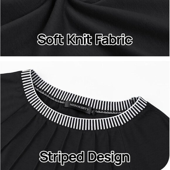 2024 Fall Women's Long Sleeve Color Black Pleated Crew Neck Casual Loose Top - Picture 3 of 6